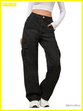 High Waisted Straight Wide Leg Cargo Jeans Stretch Baggy Y2K Casual Denim Pants